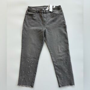 NWT! Chico’s perfect stretch, girlfriend, slim leg ankle, gray embellished jeans